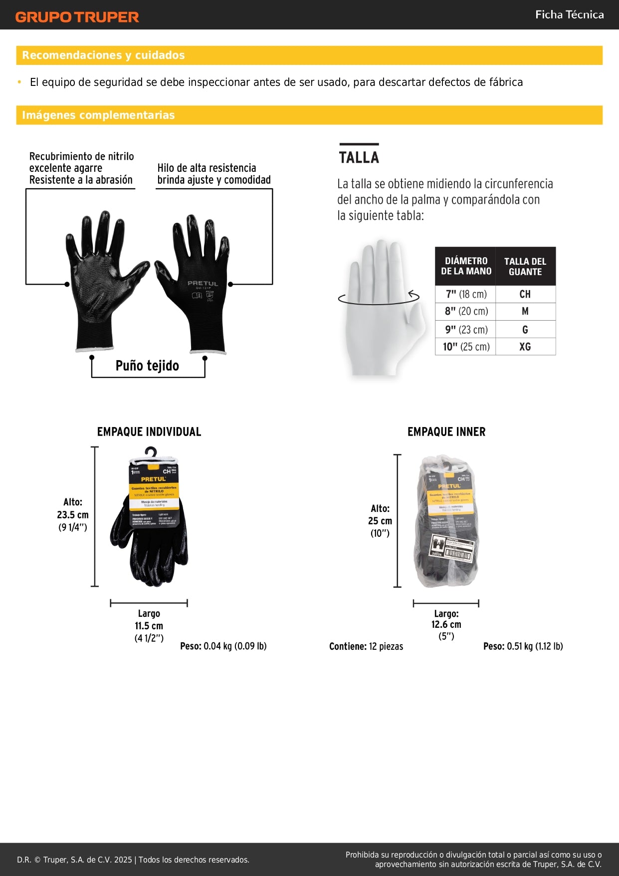 Guantes de Trabajo Nitrilo PRETUL GU-121P - Protección Antideslizante para Manos en Trabajos Húmedos y Secos - Nylon Recubierto Resistente Abrasión - Agarre Seguro Superficies Mojadas