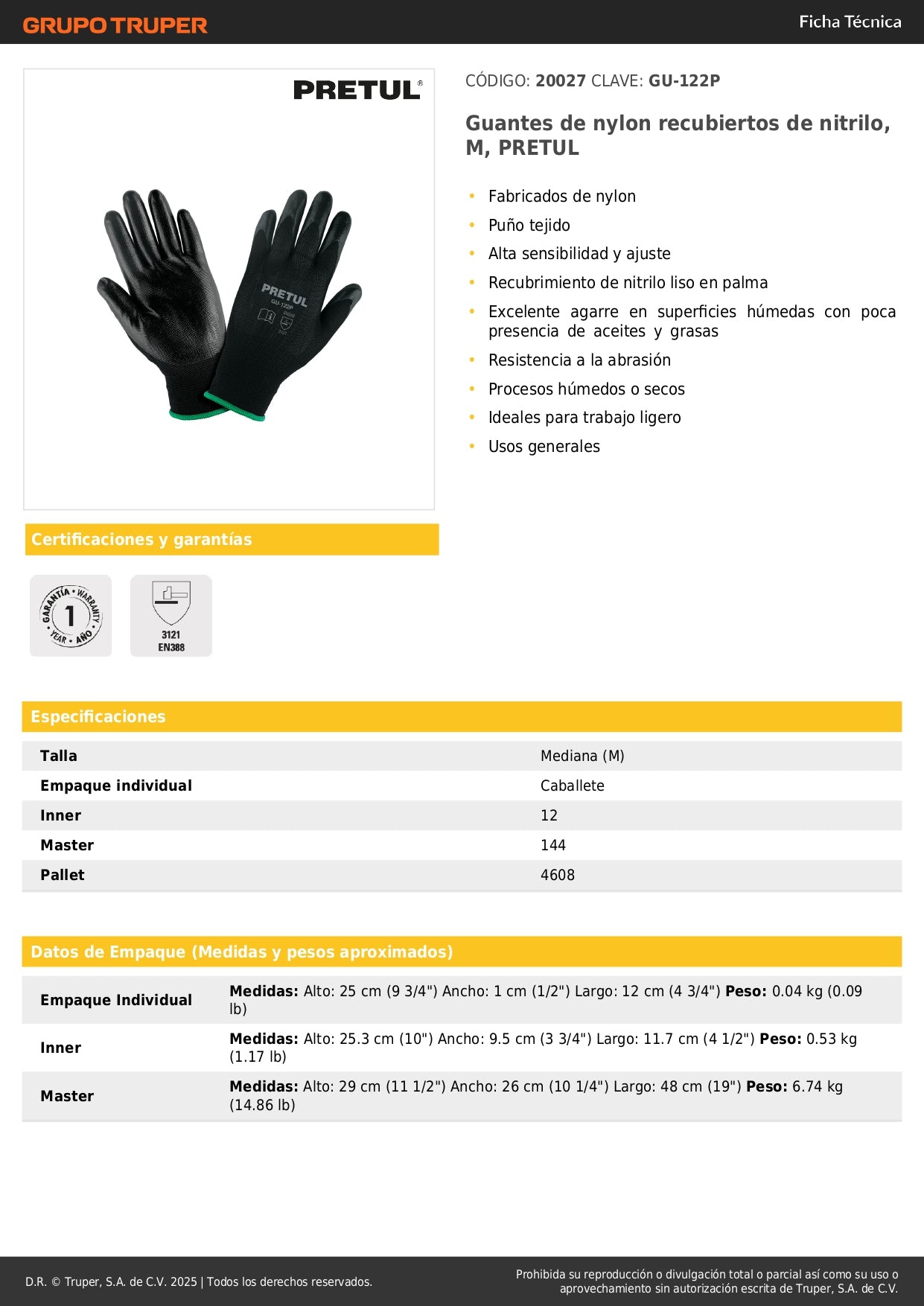 Guantes de Trabajo Nitrilo PRETUL GU-122P Talla M - Protección Antideslizante para Manos en Trabajos Húmedos y Secos - Resistentes Abrasión Nylon