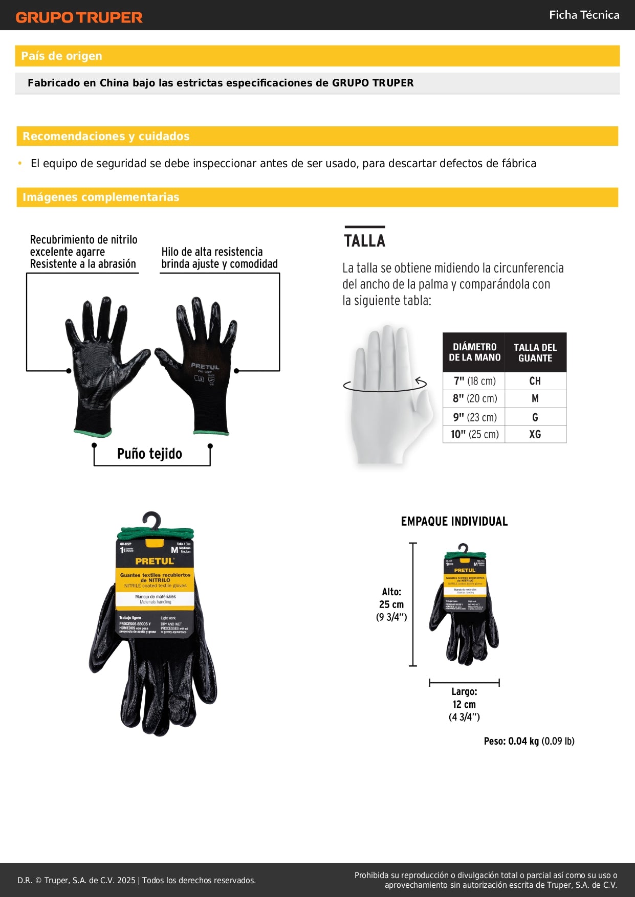Guantes de Trabajo Nitrilo PRETUL GU-122P Talla M - Protección Antideslizante para Manos en Trabajos Húmedos y Secos - Resistentes Abrasión Nylon