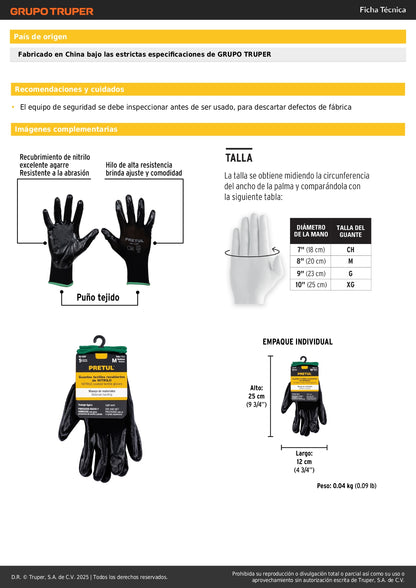 Guantes de Trabajo Nitrilo PRETUL GU-122P Talla M - Protección Antideslizante para Manos en Trabajos Húmedos y Secos - Resistentes Abrasión Nylon