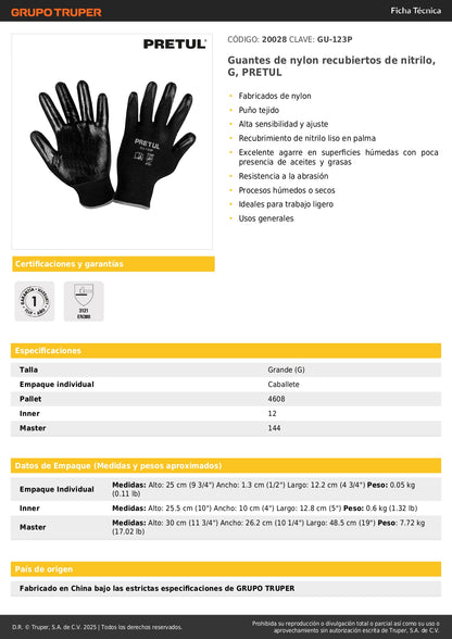 Guantes de Trabajo Nitrilo PRETUL GU-123P - Protección Antideslizante para Manos Húmedas y Secas