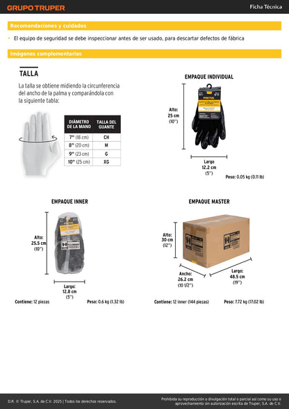 Guantes de Trabajo Nitrilo PRETUL GU-123P - Protección Antideslizante para Manos Húmedas y Secas