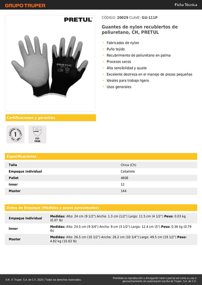 Guantes de Nylon con Recubrimiento Poliuretano PRETUL GU-111P - Protección y Destreza para Trabajo de Precisión