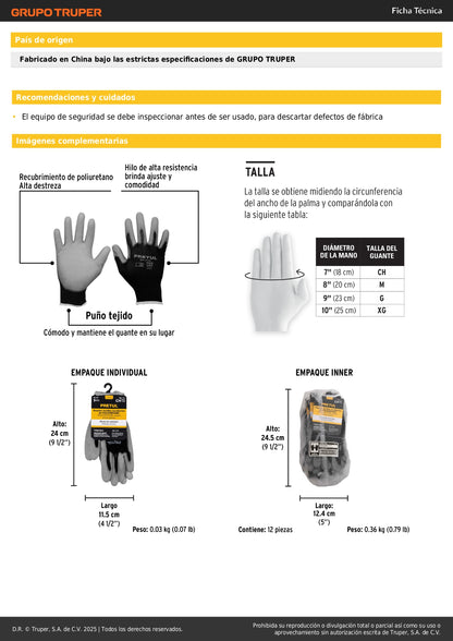 Guantes de Nylon con Recubrimiento Poliuretano PRETUL GU-111P - Protección y Destreza para Trabajo de Precisión