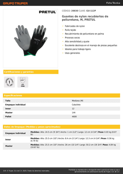 Guantes de Nylon con Recubrimiento Poliuretano PRETUL GU-112P - Protección y Destreza para Trabajo de Precisión Talla M