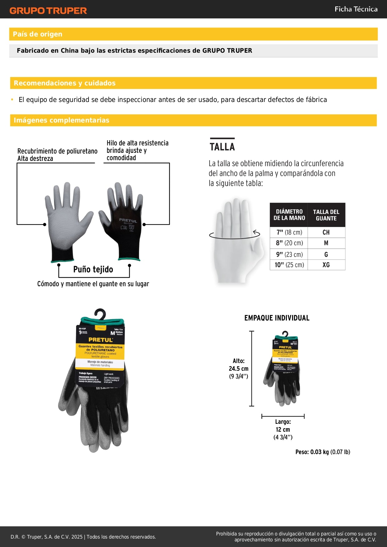Guantes de Nylon con Recubrimiento Poliuretano PRETUL GU-112P - Protección y Destreza para Trabajo de Precisión Talla M