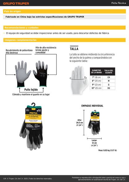 Guantes de Nylon con Recubrimiento Poliuretano PRETUL GU-112P - Protección y Destreza para Trabajo de Precisión Talla M