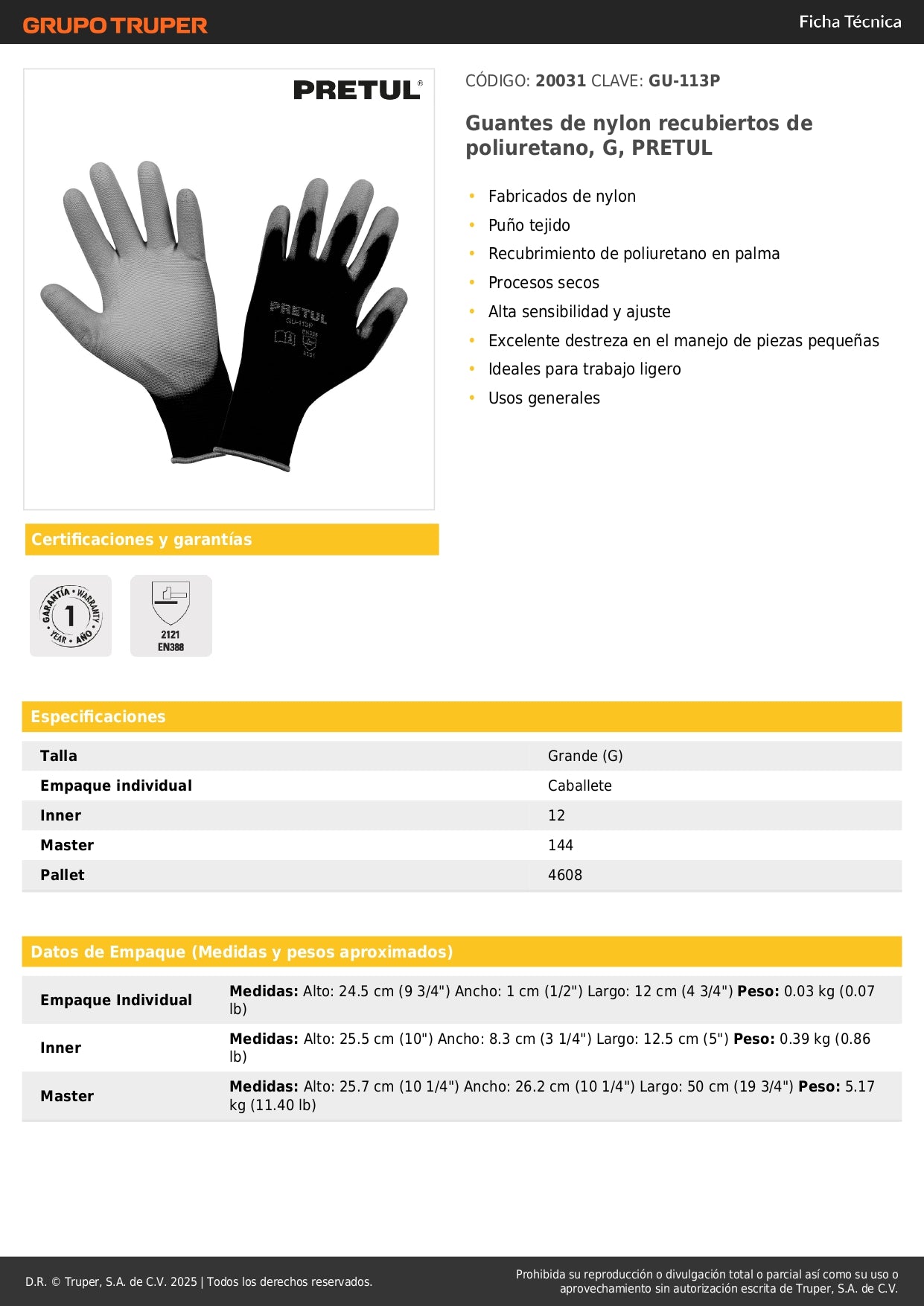 Guantes de Nylon con Recubrimiento Poliuretano PRETUL GU-113P - Protección y Destreza para Trabajo de Precisión