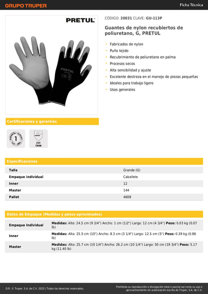 Guantes de Nylon con Recubrimiento Poliuretano PRETUL GU-113P - Protección y Destreza para Trabajo de Precisión