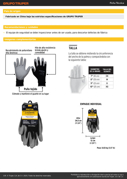 Guantes de Nylon con Recubrimiento Poliuretano PRETUL GU-113P - Protección y Destreza para Trabajo de Precisión