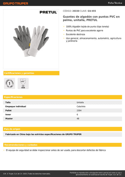 Guantes de Algodón con Puntos PVC PRETUL GU-455 - Protección y Agarre Superior para Trabajo General, Automotriz y Jardinería