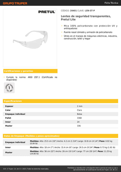 entes de Seguridad Transparentes Pretul Lite LEN-ST-P - Protección UV Policarbonato Antirayaduras para Industria, Construcción y Taller - Previene Lesiones Oculares en Trabajo