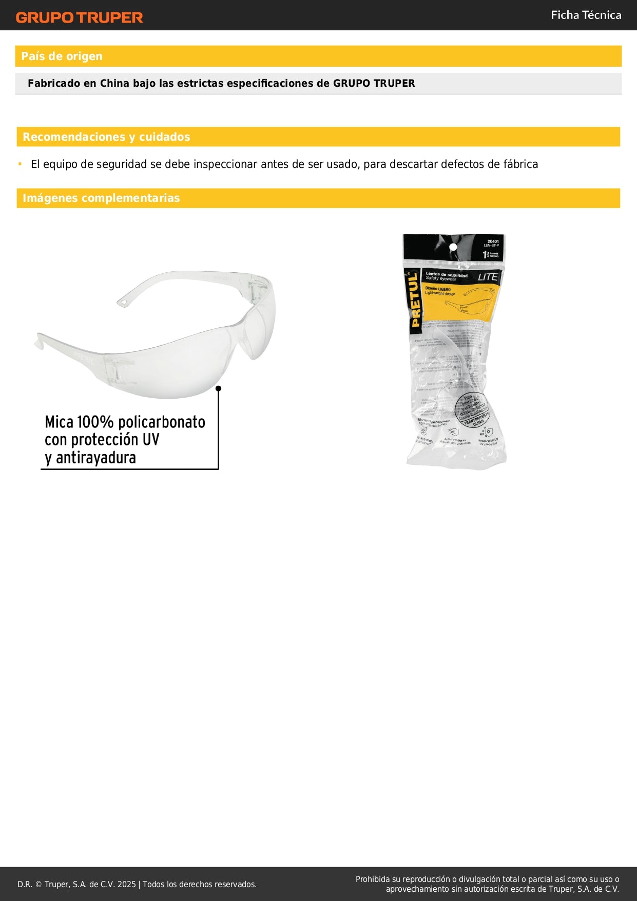 entes de Seguridad Transparentes Pretul Lite LEN-ST-P - Protección UV Policarbonato Antirayaduras para Industria, Construcción y Taller - Previene Lesiones Oculares en Trabajo