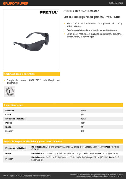 Lentes de Seguridad Grises Pretul Lite LEN-SN-P - Protección UV Policarbonato Antirayaduras para Industria Construcción Taller