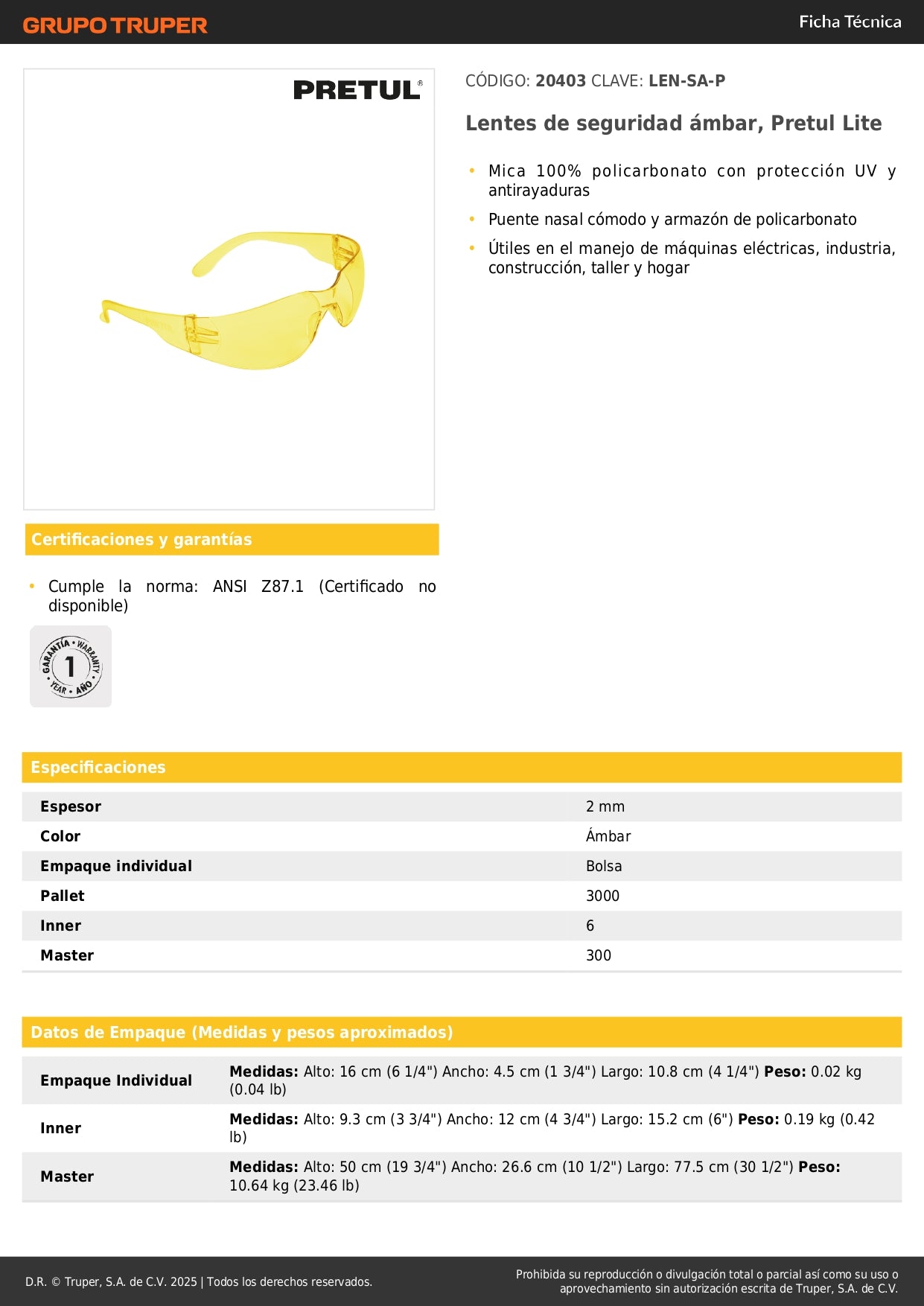 Lentes de Seguridad Ámbar Pretul Lite LEN-SA-P - Protección UV Policarbonato Antirayaduras para Industria Construcción Taller