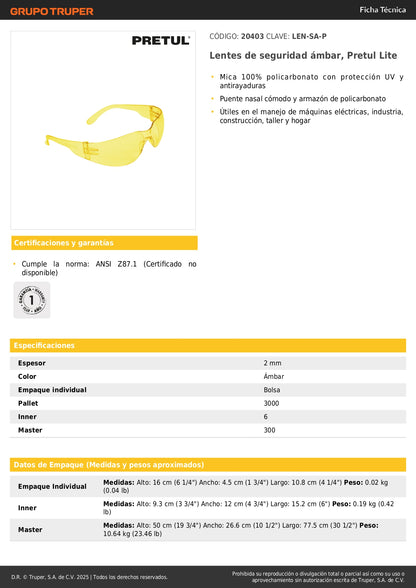Lentes de Seguridad Ámbar Pretul Lite LEN-SA-P - Protección UV Policarbonato Antirayaduras para Industria Construcción Taller