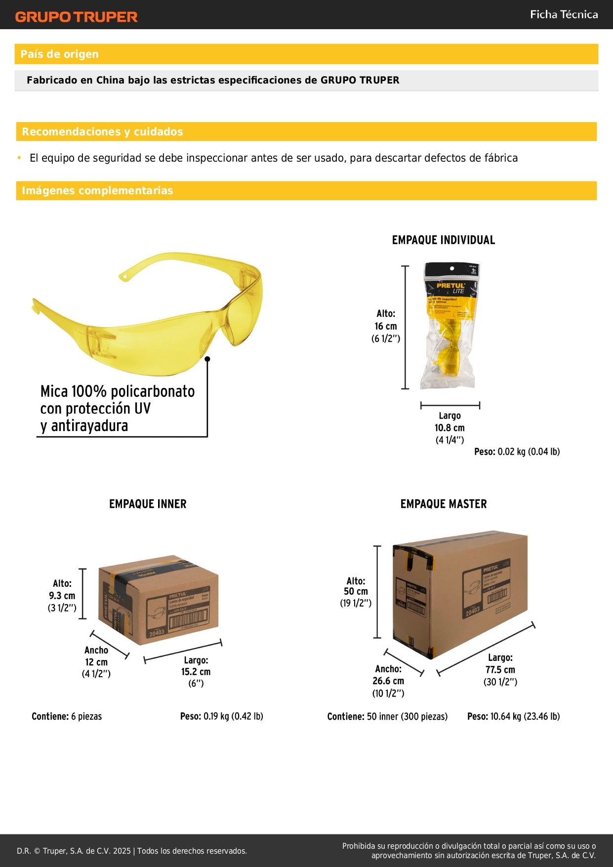 Lentes de Seguridad Ámbar Pretul Lite LEN-SA-P - Protección UV Policarbonato Antirayaduras para Industria Construcción Taller