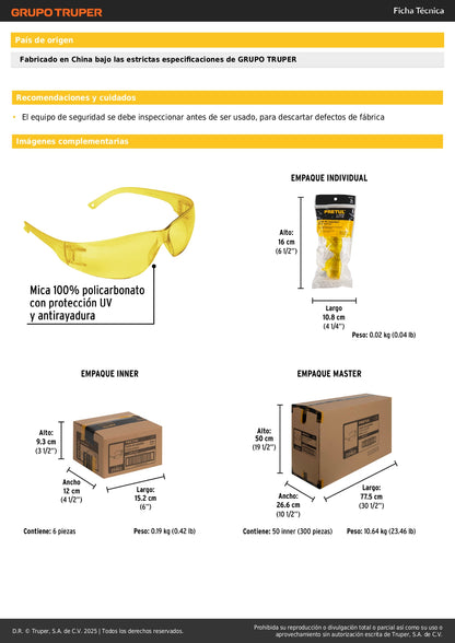 Lentes de Seguridad Ámbar Pretul Lite LEN-SA-P - Protección UV Policarbonato Antirayaduras para Industria Construcción Taller