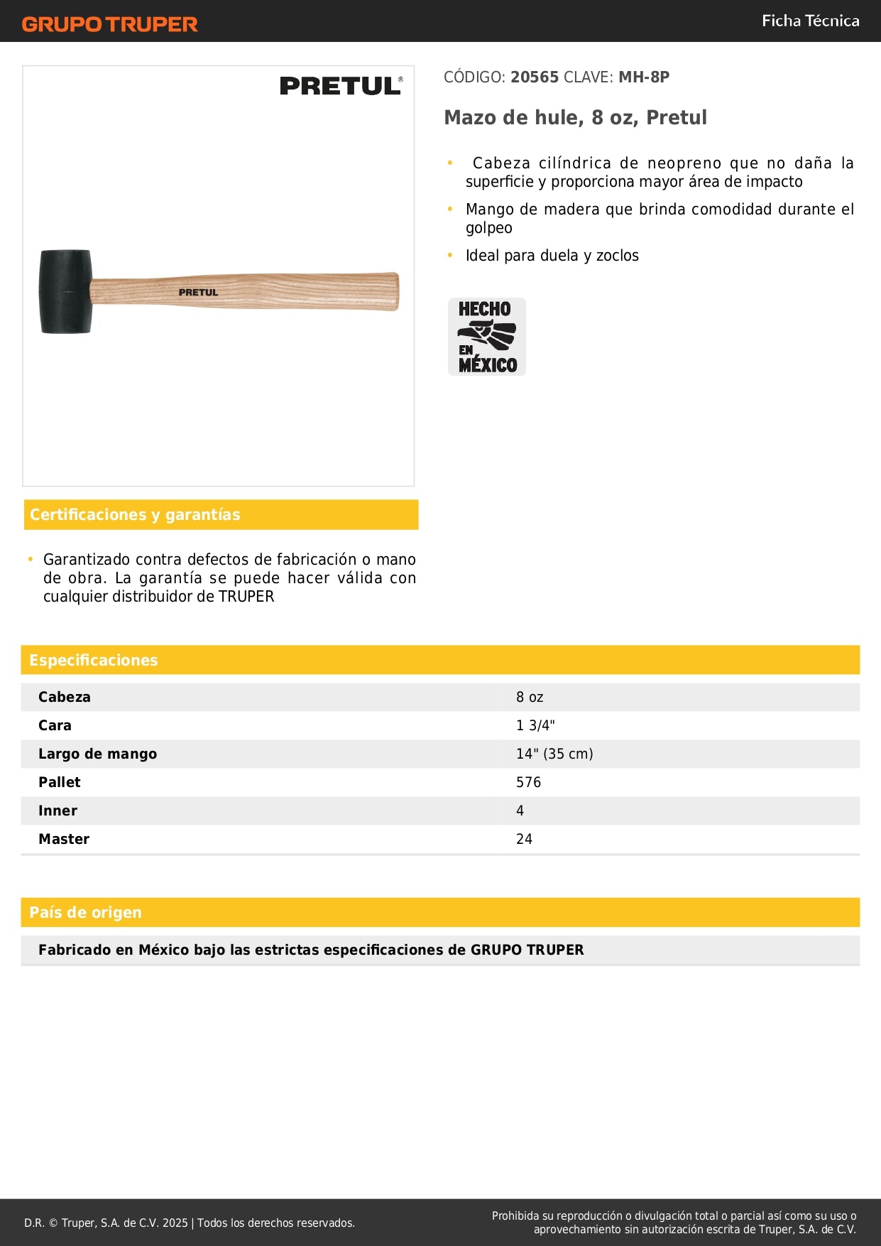 Mazo de Hule 8 oz Pretul MH-8P - Cabeza de Neopreno para Instalación de Duela y Zócalos sin Dañar Superficies - Mango de Madera Ergonómico