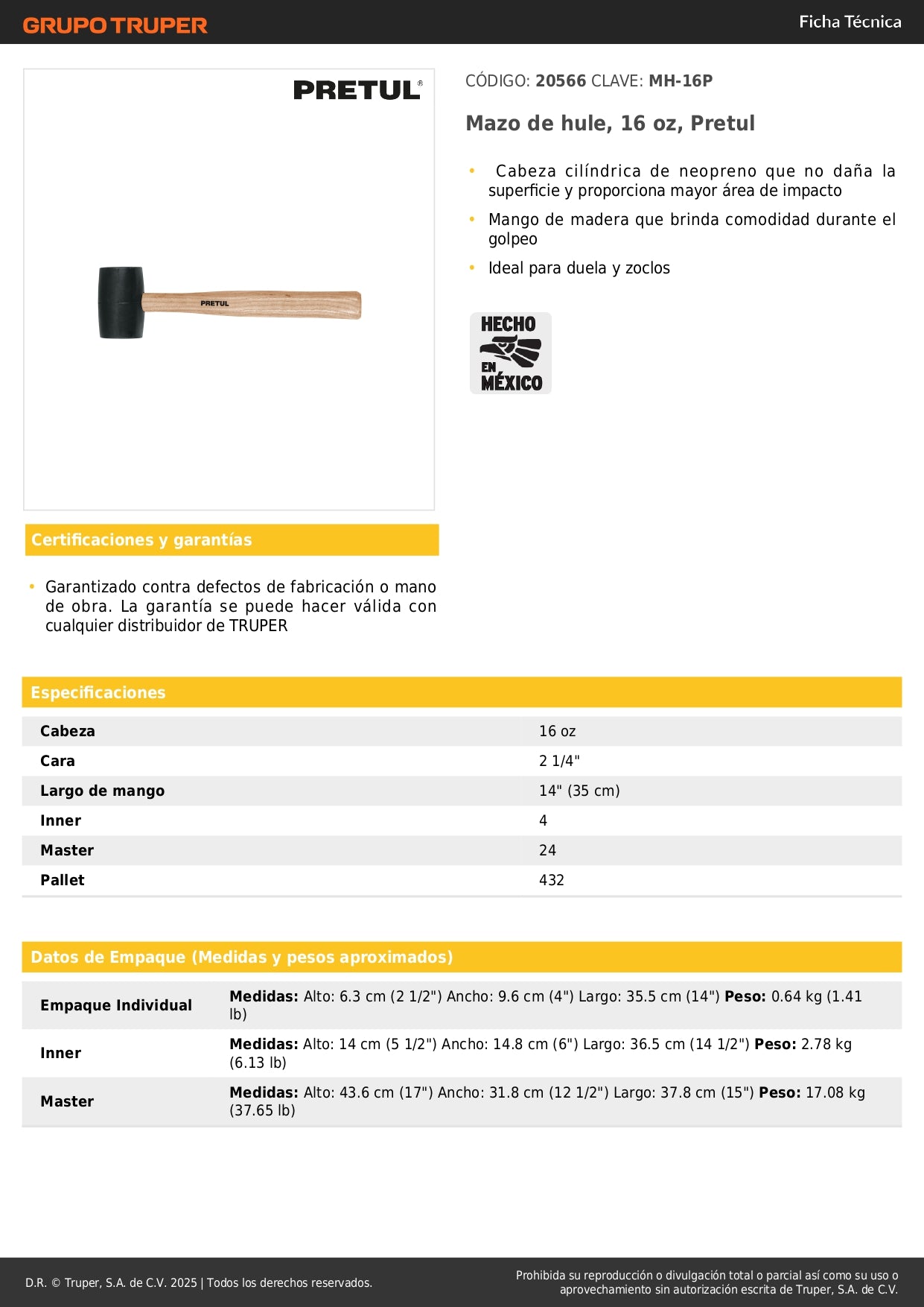 Mazo de Hule 16 oz Pretul MH-16P - Cabeza de Neopreno para Duela y Zócalos Sin Daño a Superficies