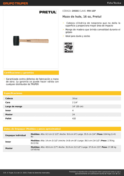 Mazo de Hule 16 oz Pretul MH-16P - Cabeza de Neopreno para Duela y Zócalos Sin Daño a Superficies