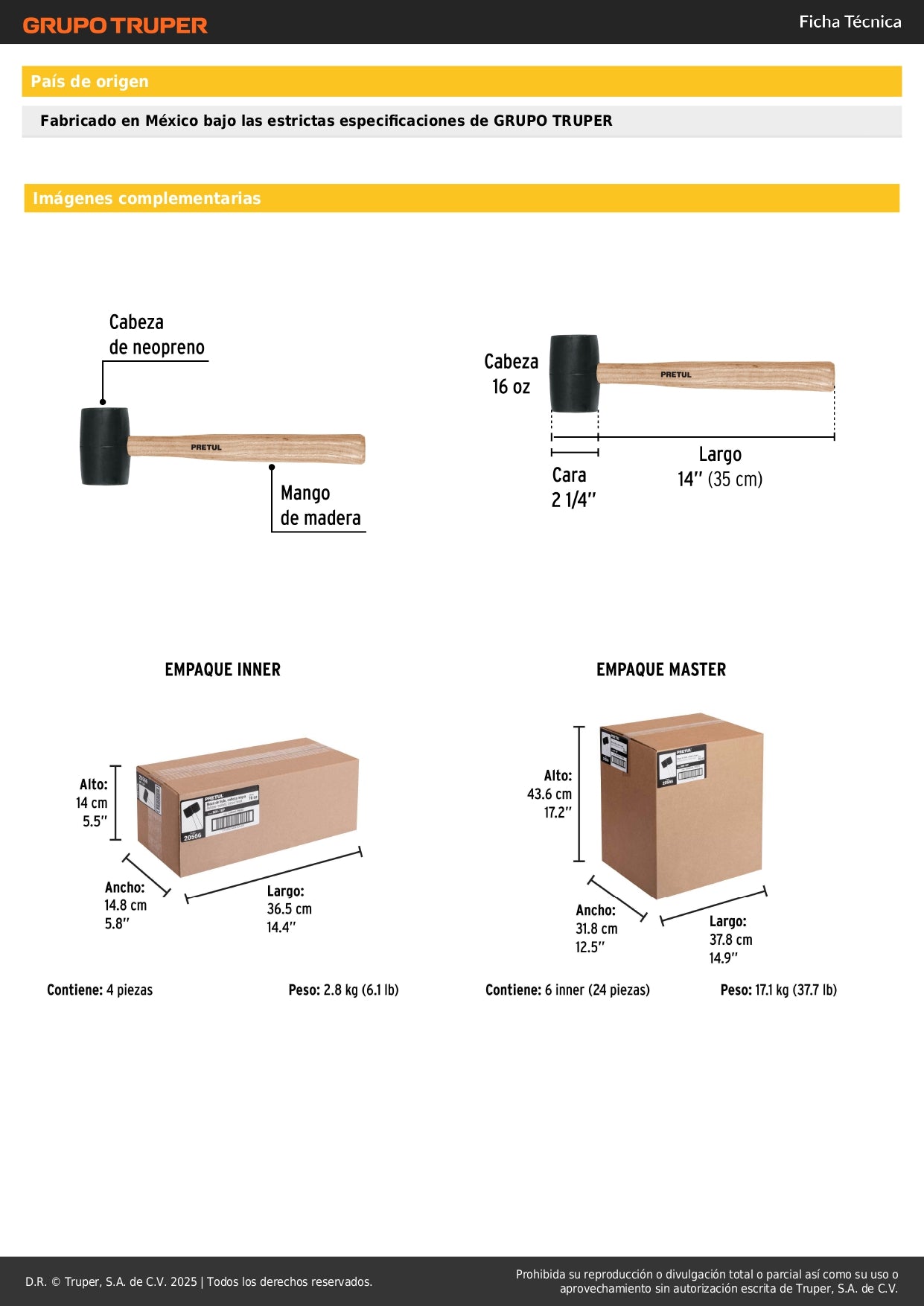 Mazo de Hule 16 oz Pretul MH-16P - Cabeza de Neopreno para Duela y Zócalos Sin Daño a Superficies