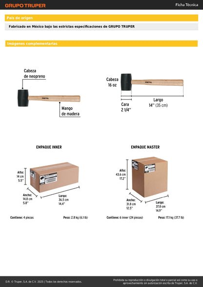 Mazo de Hule 16 oz Pretul MH-16P - Cabeza de Neopreno para Duela y Zócalos Sin Daño a Superficies