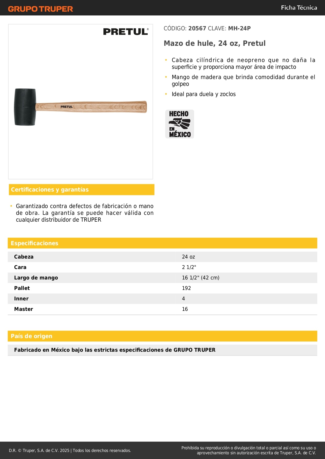 Mazo de Hule Pretul 24 oz MH-24P - Herramienta Profesional para Instalación de Duela y Zoclos sin Dañar Superficies