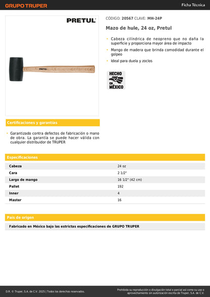 Mazo de Hule Pretul 24 oz MH-24P - Herramienta Profesional para Instalación de Duela y Zoclos sin Dañar Superficies