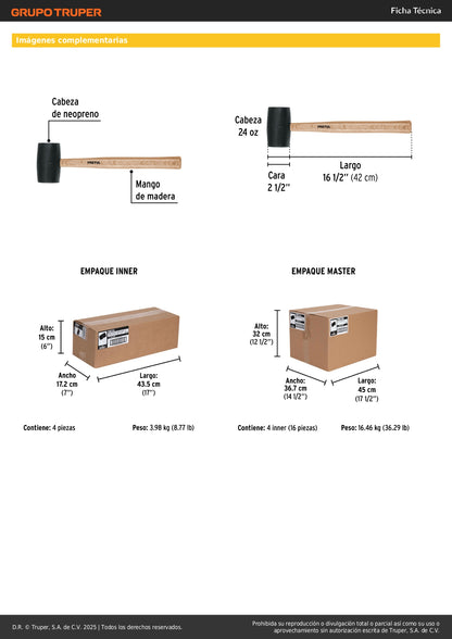 Mazo de Hule Pretul 24 oz MH-24P - Herramienta Profesional para Instalación de Duela y Zoclos sin Dañar Superficies