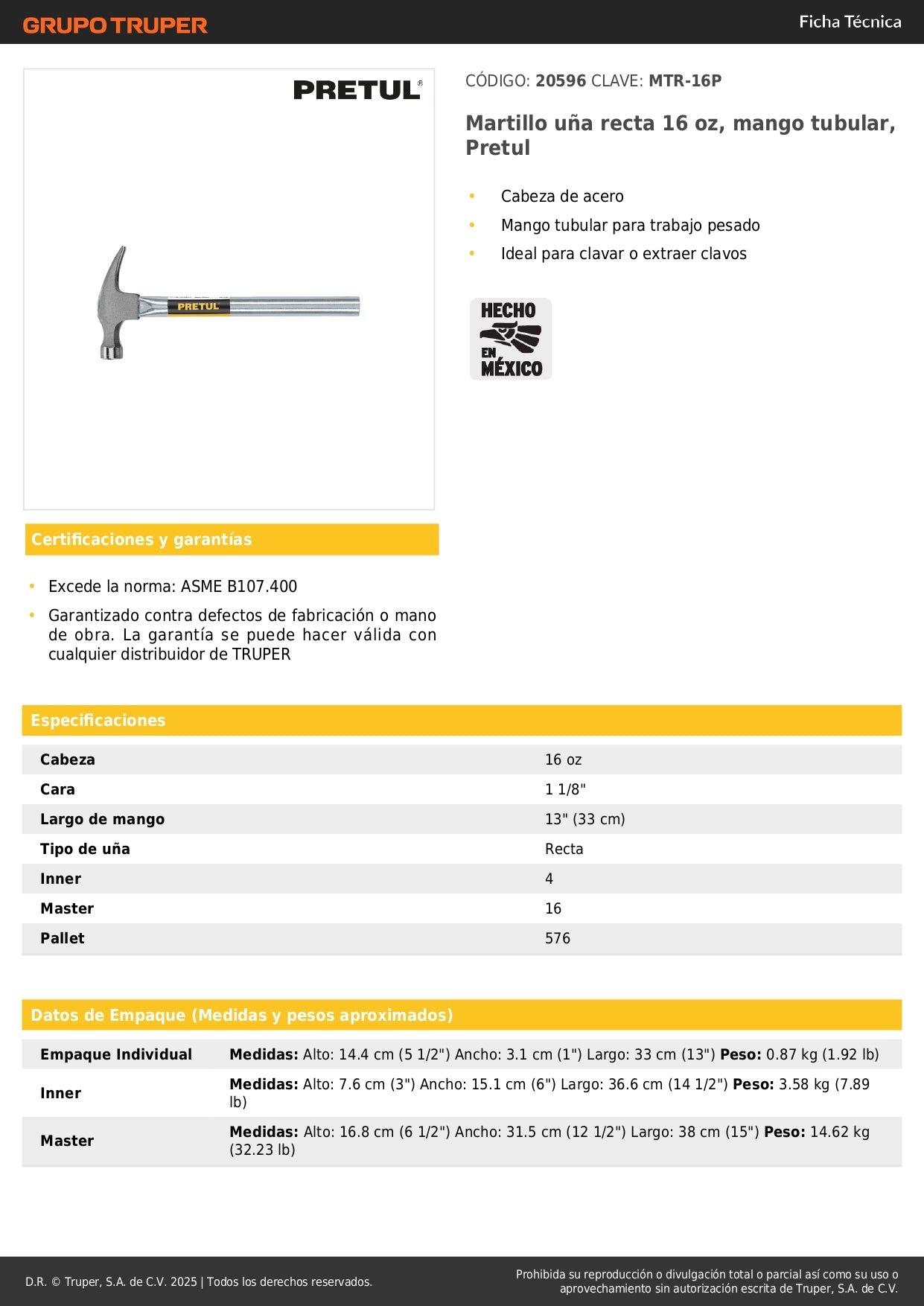 Martillo Uña Recta 16 oz Pretul MTR-16P - Mango Tubular Reforzado para Trabajo Pesado - Solución Profesional para Clavar y Extraer Clavos