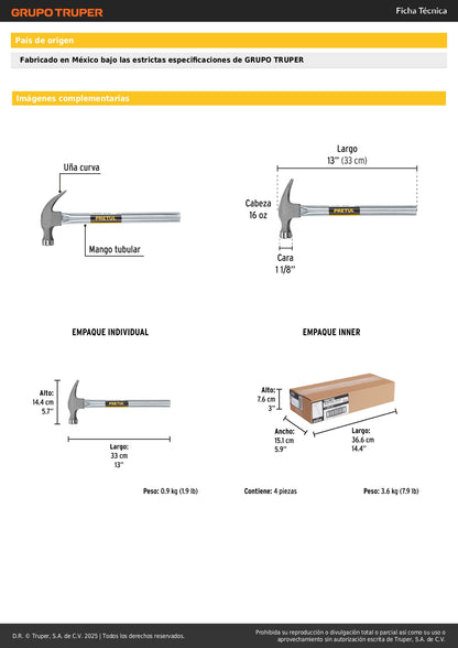 Martillo Uña Recta 16 oz Pretul MTR-16P - Mango Tubular Reforzado para Trabajo Pesado - Solución Profesional para Clavar y Extraer Clavos