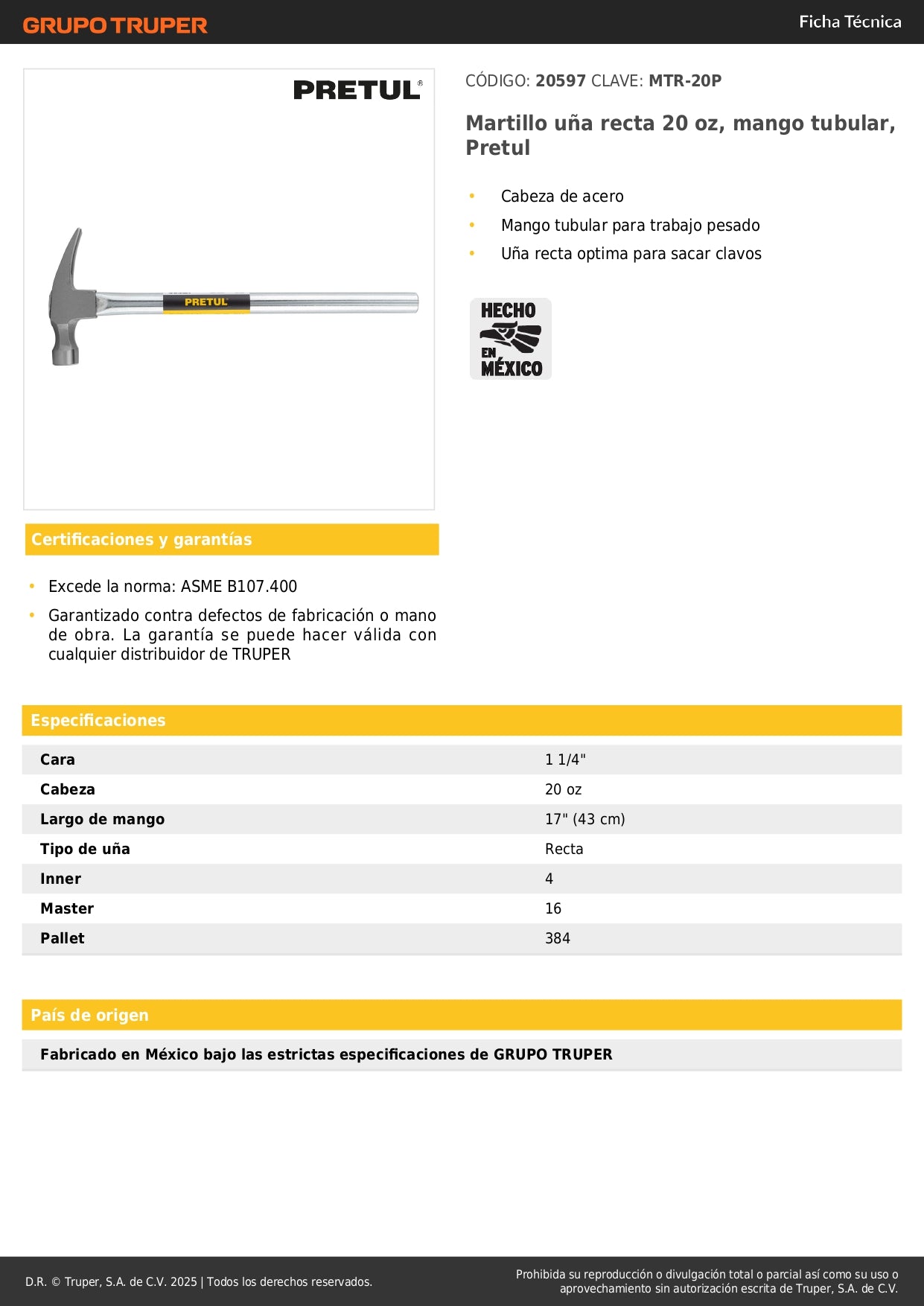 Martillo Uña Recta 20 oz Pretul MTR-20P - Mango Tubular Reforzado para Trabajo Pesado y Extracción de Clavos