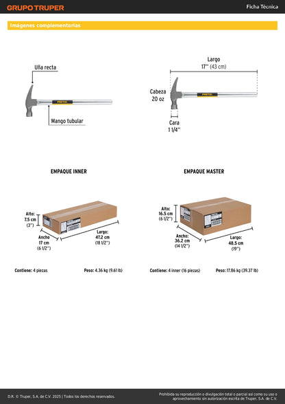 Martillo Uña Recta 20 oz Pretul MTR-20P - Mango Tubular Reforzado para Trabajo Pesado y Extracción de Clavos