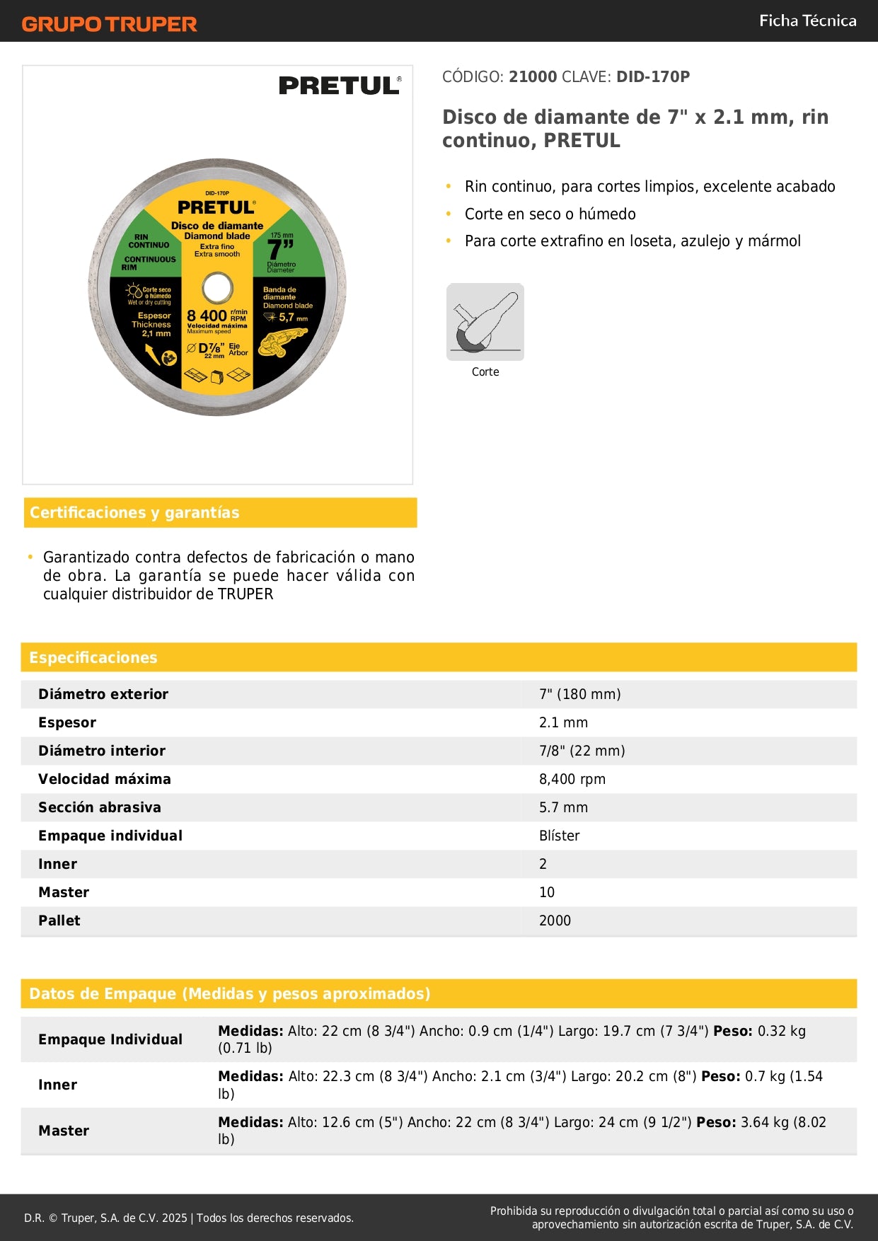 Disco de diamante de 7" x 2.1 mm, rin continuo, PRETUL