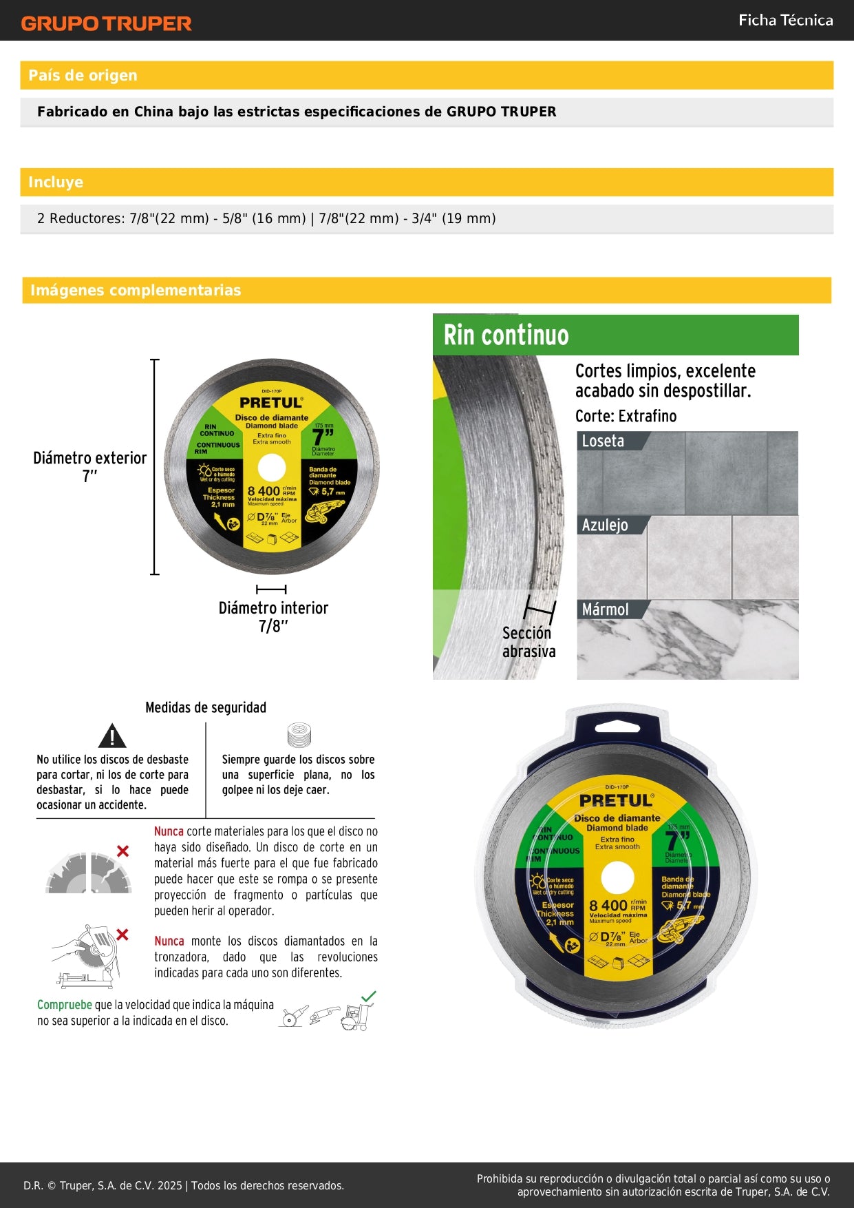 Disco de diamante de 7" x 2.1 mm, rin continuo, PRETUL