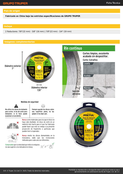 Disco de diamante de 7" x 2.1 mm, rin continuo, PRETUL