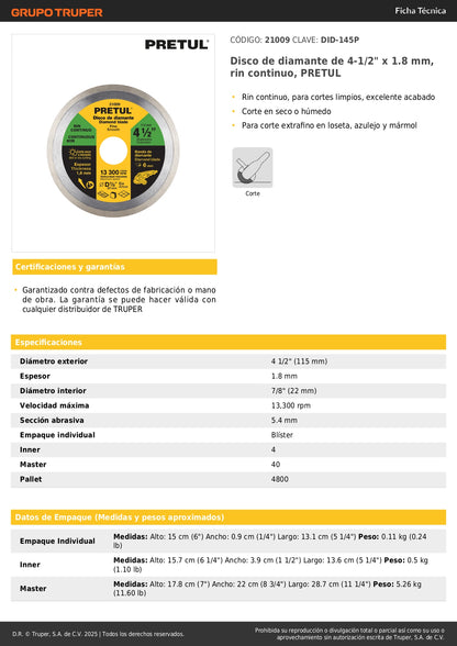 Disco de diamante de 4-1/2" x 1.8 mm, rin continuo, PRETUL