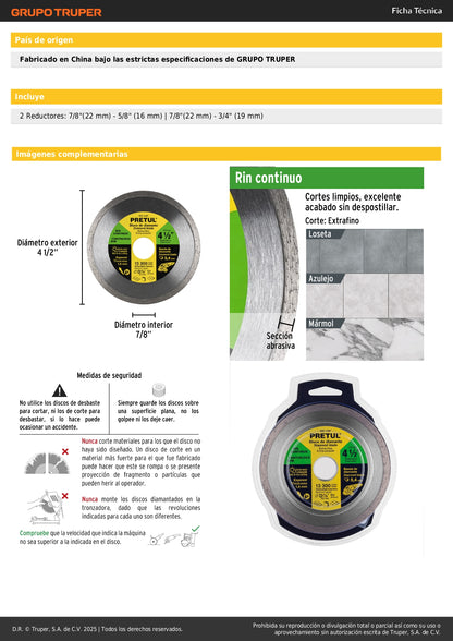 Disco de diamante de 4-1/2" x 1.8 mm, rin continuo, PRETUL