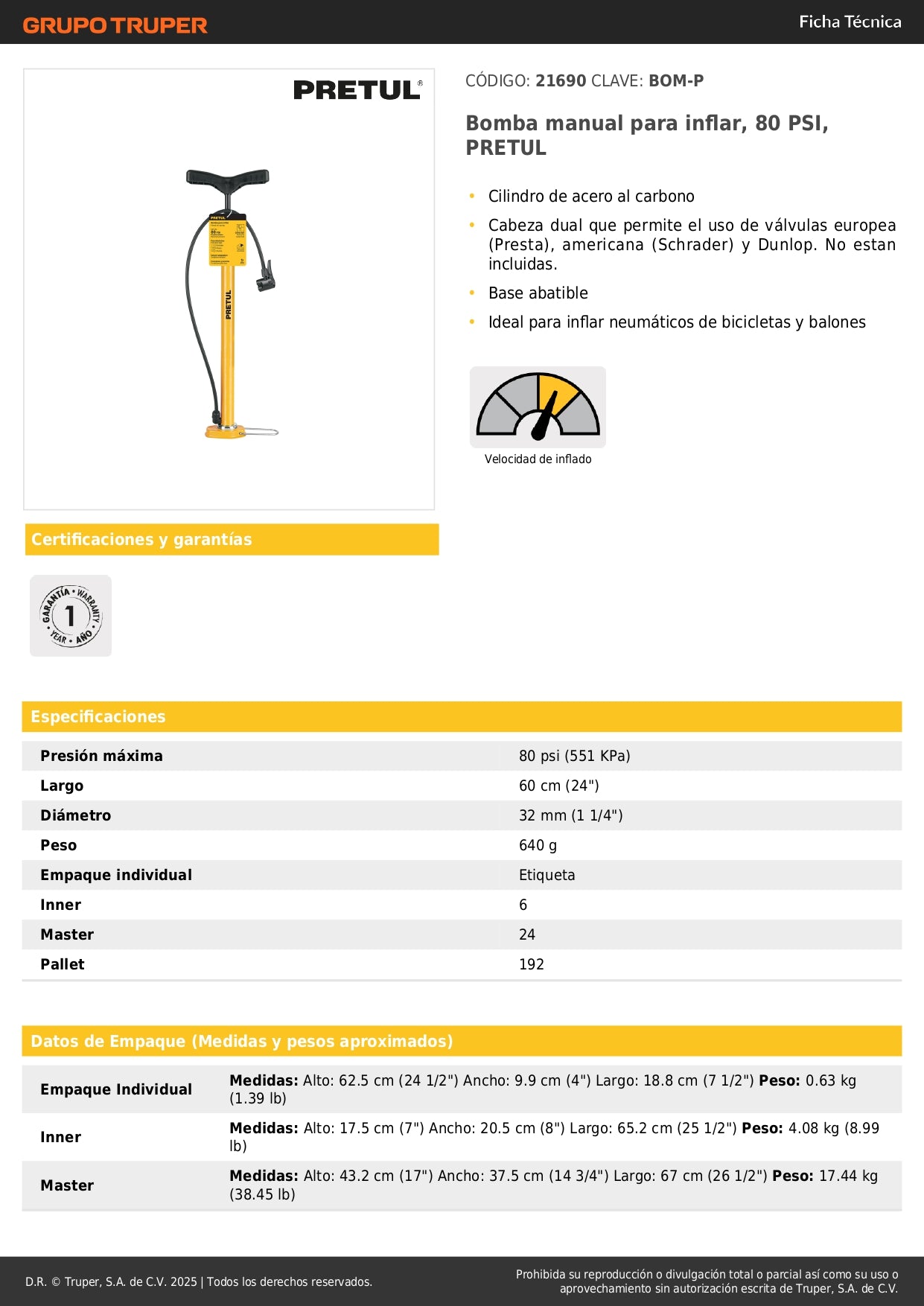Bomba Manual PRETUL 80 PSI - Inflador Profesional para Bicicletas y Balones con Cilindro de Acero y Cabeza Dual Universal - Solución Rápida para Neumáticos Desinflados