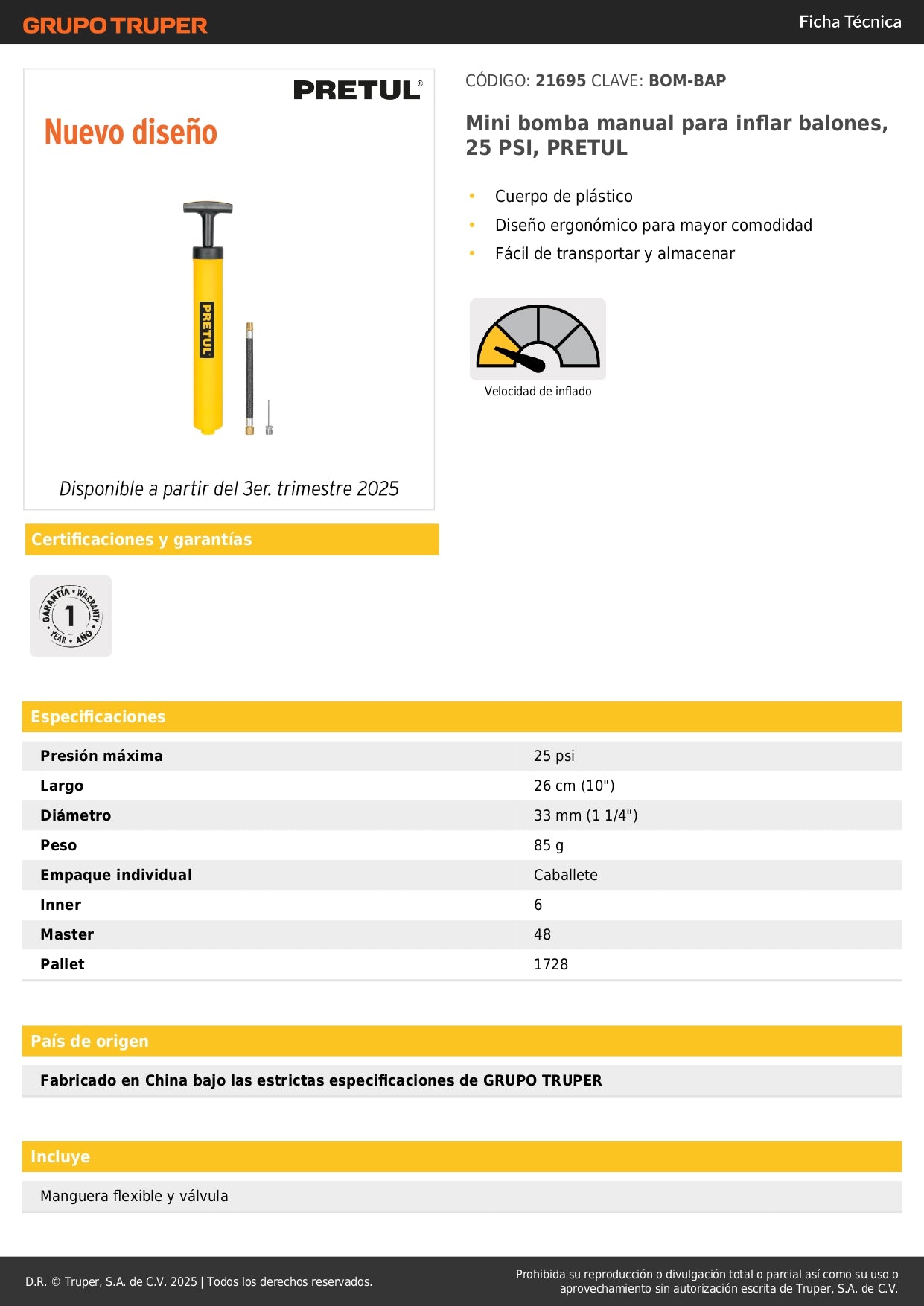 Mini Bomba Manual PRETUL BOM-BAP para Inflar Balones 25 PSI - Solución Portátil y Ergonómica para Mantener Pelotas Siempre Infladas - Cuerpo Plástico Resistente y Fácil Transporte