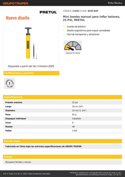 Mini Bomba Manual PRETUL BOM-BAP para Inflar Balones 25 PSI - Solución Portátil y Ergonómica para Mantener Pelotas Siempre Infladas - Cuerpo Plástico Resistente y Fácil Transporte