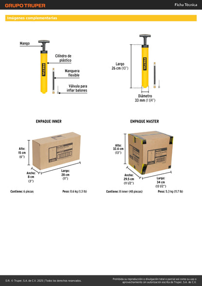 Mini Bomba Manual PRETUL BOM-BAP para Inflar Balones 25 PSI - Solución Portátil y Ergonómica para Mantener Pelotas Siempre Infladas - Cuerpo Plástico Resistente y Fácil Transporte