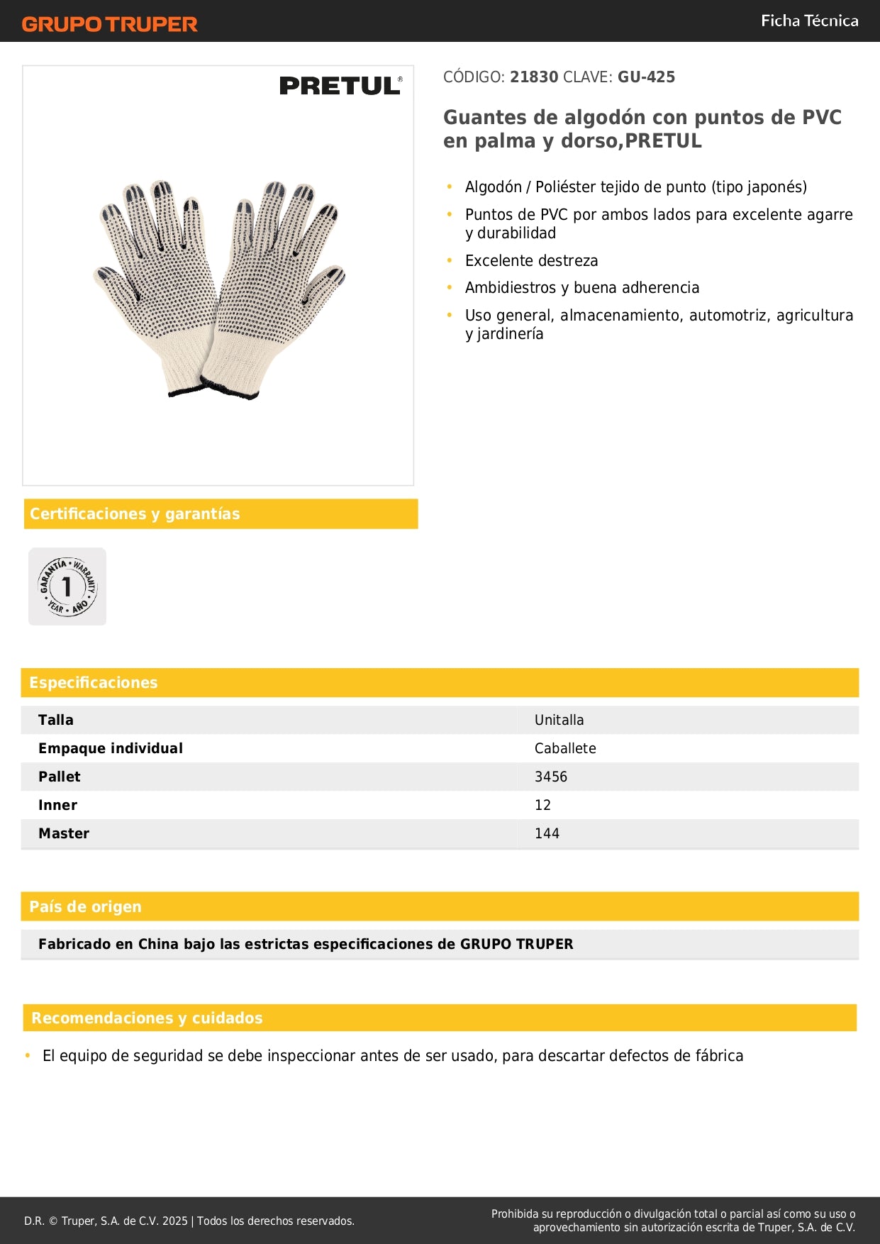 Guantes de Trabajo PRETUL GU-425 - Algodón con Puntos PVC Antideslizantes para Máximo Agarre y Protección Industrial