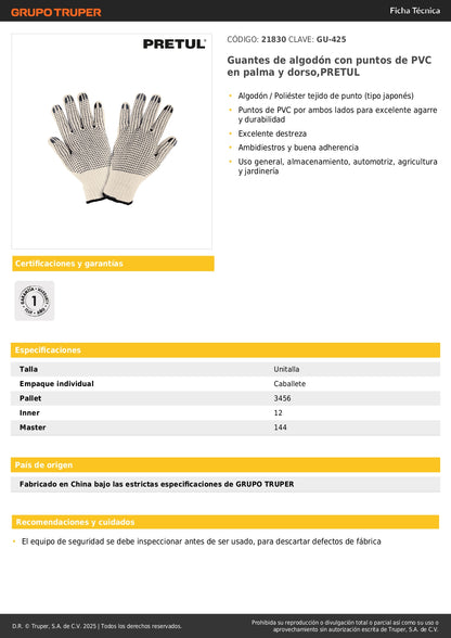 Guantes de Trabajo PRETUL GU-425 - Algodón con Puntos PVC Antideslizantes para Máximo Agarre y Protección Industrial