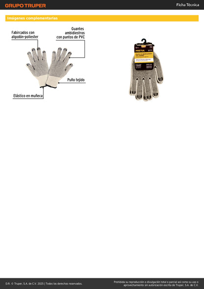 Guantes de Trabajo PRETUL GU-425 - Algodón con Puntos PVC Antideslizantes para Máximo Agarre y Protección Industrial