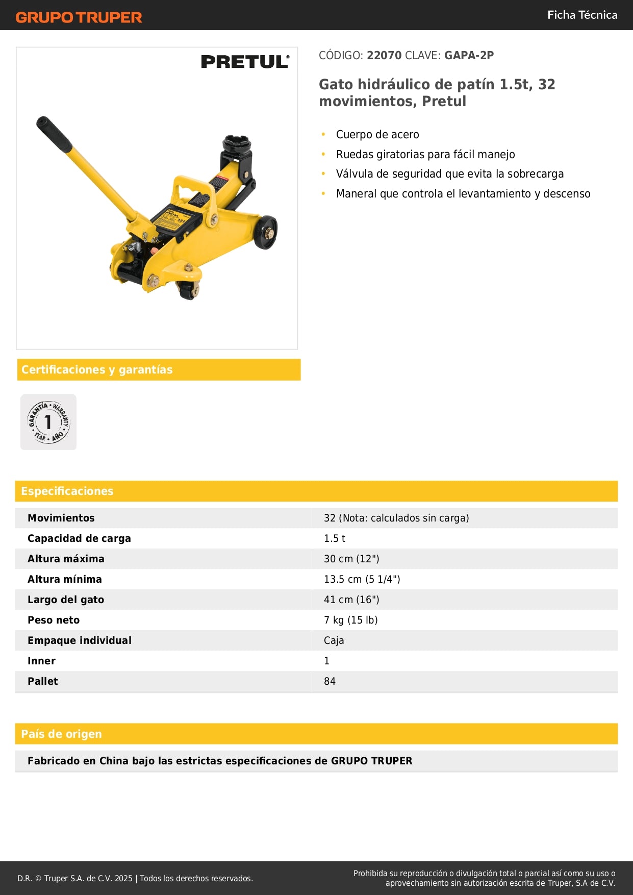 Gato Hidráulico de Patín 1.5 Toneladas Pretul GAPA-2P - Levantamiento Seguro de Vehículos con 32 Movimientos y Ruedas Giratorias