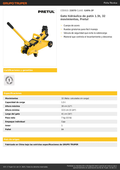 Gato Hidráulico de Patín 1.5 Toneladas Pretul GAPA-2P - Levantamiento Seguro de Vehículos con 32 Movimientos y Ruedas Giratorias