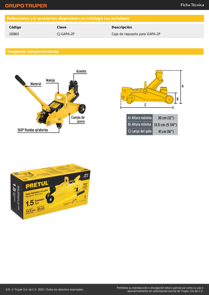 Gato Hidráulico de Patín 1.5 Toneladas Pretul GAPA-2P - Levantamiento Seguro de Vehículos con 32 Movimientos y Ruedas Giratorias