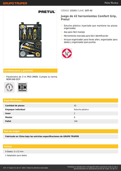 Juego de 42 Herramientas Comfort Grip Pretul SET-42 - Kit Completo Organizado para Reparación y Mantenimiento Profesional